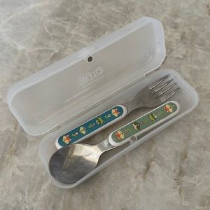 Ore originals spoon and fork in hard plastic travel case with magnetic closure.